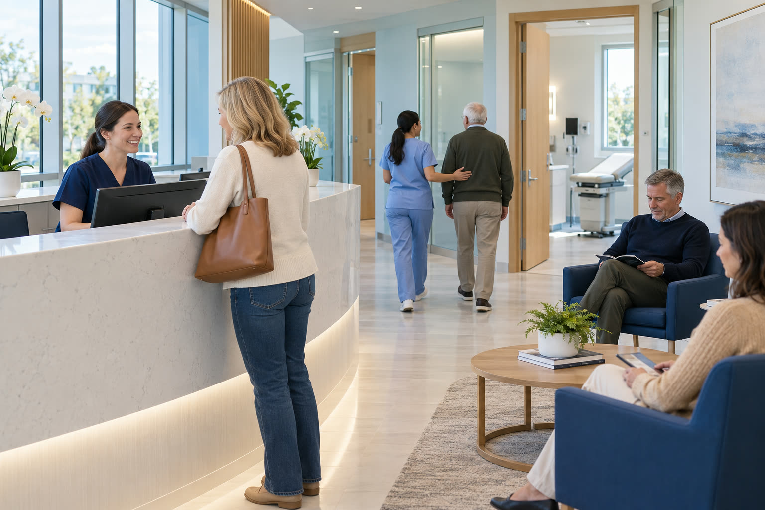 A receptionist in navy scrubs welcoming a visitor at a bright medical reception desk, with staff and seated patients in the background