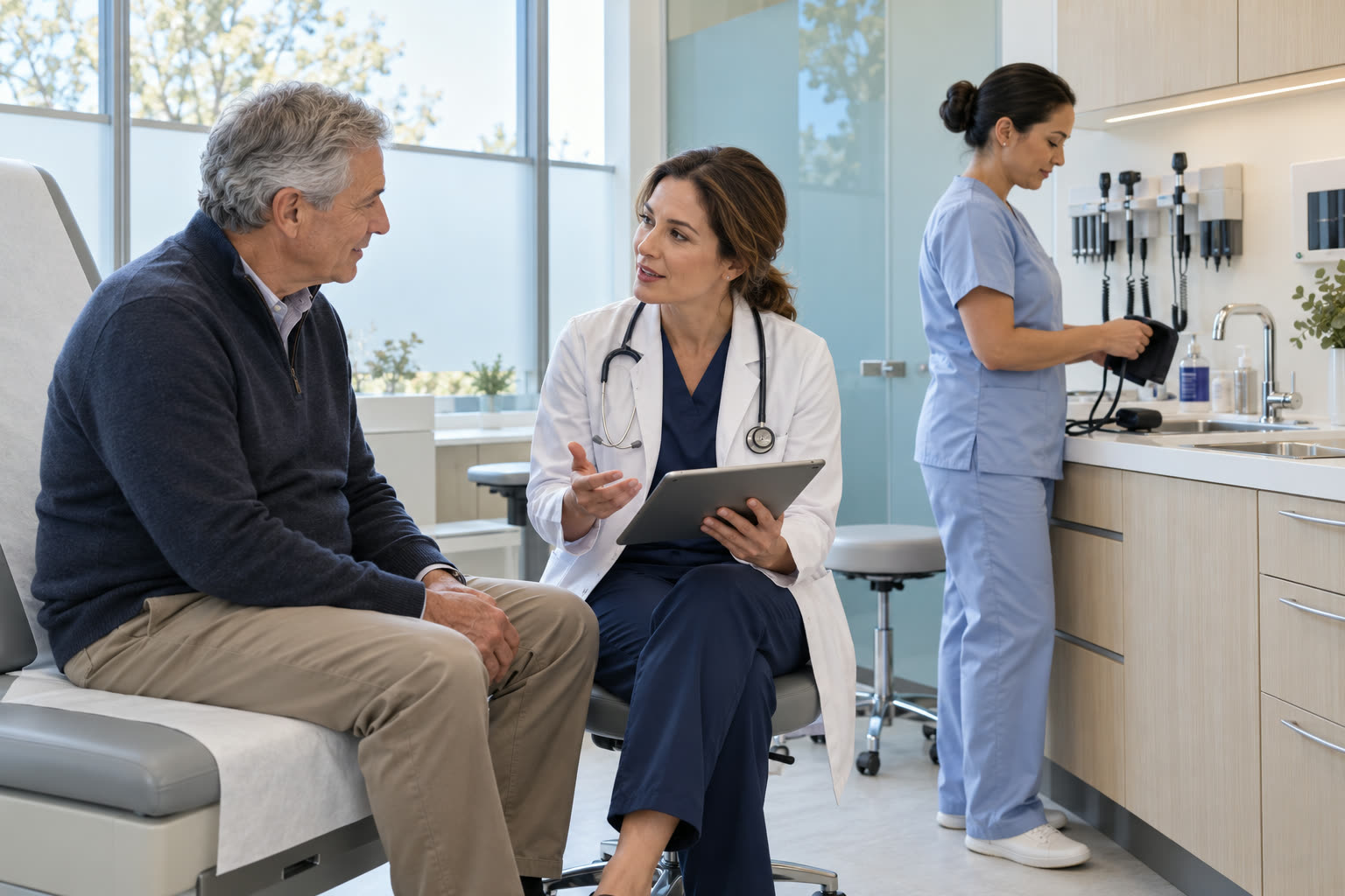 A physician in a white coat talking with a seated patient while a nurse prepares the exam room